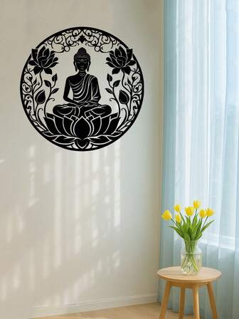 1 PC Zen Buddha Lotus Metal Wall Art - Black 2D Flat Meditation Panel With Weatherproof Coating, Anti-Fade Enamel Finish For Indoor Outdoor Spa Garden, Premium Spiritual Decor, Suitable For Christmas, Halloween, Thanksgiving, Valentine's Day Gifts, Suitable For Modern Home Decor, Home Decoration, Room Decor, Bedroom Decor, Bathroom Decor,