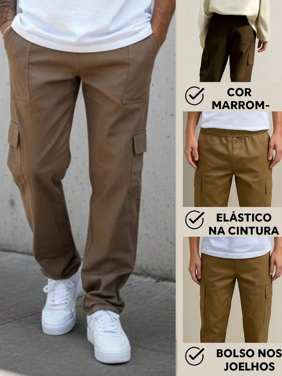 Men's Light Brown Cargo Pants With Drawstring Waist And Slight Stretch Long Trousers Loose Casual Streetwear Skateboard Unisex - 摩卡棕 - 查看 1