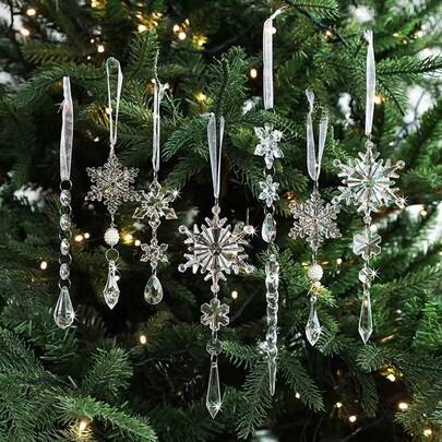 5/10pcs Christmas Acrylic Snowflake Icicle Pendants, Transparent Elk Icicle Snowflake Tree Pendants, Christmas Tree Decorations, Holiday Party Christmas Atmosphere Decoration Props, Christmas Decorations Gift, Wedding Birthday Party Holiday Decorations, Christmas Decor, Room Decor, Home Decor