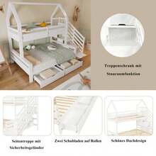 Bunk Bed, Children's Bed, Two Drawers On Castors, Beautiful Roof Design, With Safety Railing And Stair Cupboard, Pine + MDF + Plywood, White, - 白色 - 查看 5