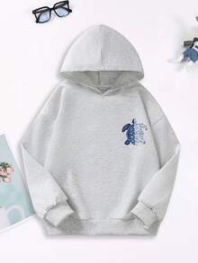1PC Girl Literary Ocean Style Sea Turtle Print Hooded Sweatshirt, Soft And Comfortable, Spring Autumn Daily Leisure Wear - Grey - View 2