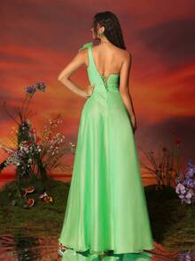 VIPGIRL Women's Asymmetric Ruffle Mesh Patchwork High Slit Evening Gown - Green - View 2