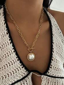 Novo Colar de Aço Inoxidável Vintage Estilo Barroco Redondo de Duas Camadas de Pérola e Metal Punk para Mulheres