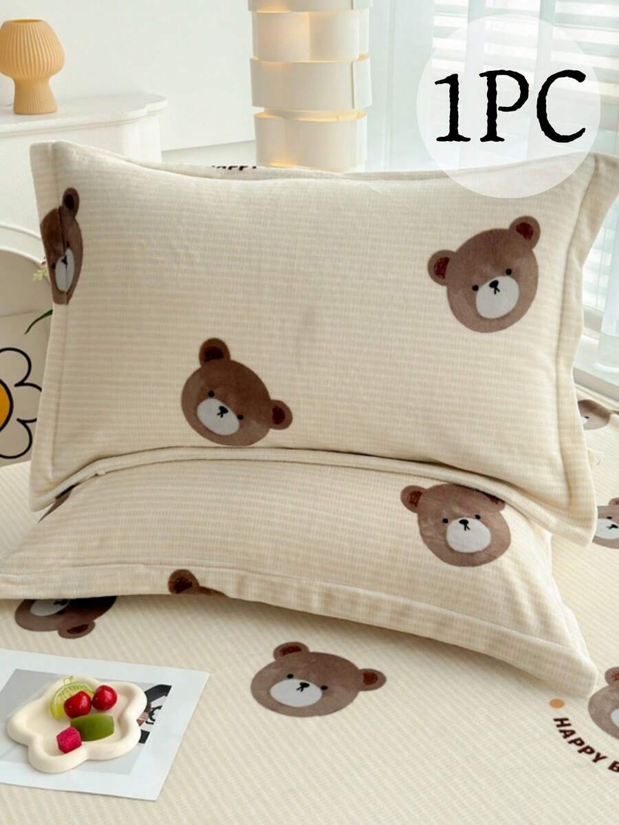 1 件儿童卡通印花枕套，信封枕套，熊、恐龙、星星和心形图案，装饰枕套，厚天鹅绒面料，亲肤柔软，30cm*50cm/40cm*60cm/48cm*74cm（不含枕芯）