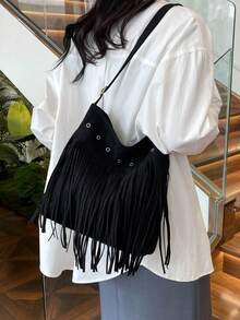 1pc Fashionable Minimalist Chic One Shoulder Tote Bag, New Korean Style Women Underarm Handbag - Black - View 4