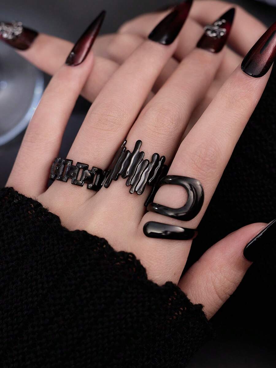 3pcs Gothic Style Stainless Steel Black Dotted Rings Set For Women, Exaggerated Fashion, Suitable For Daily Decoration Or Gift - Black - View 1