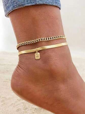 2pcs/Set Women's Fashion Gold Stainless Steel Gold Blade Chain With Square Cubic Zirconia Pendant Multi-Layer Anklet Set, Gift