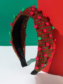 Christmas Striped Knotted Headband, Holiday Contrast Color Beaded Red Headband, Simple Knotted Fabric Rhinestone Multi-Color Bead Headband ,Party ,Hair Hair Hoop