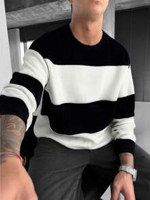 WAIT HIM Men's Casual Black And White Contrast Color Crew Neck Sweater, Long Sleeve Top - Black and White - View 4