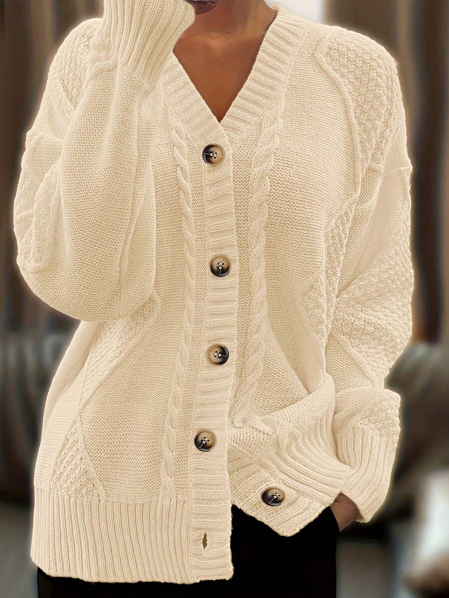 Cárdigan holgado de cuello en V para mujer, de manga larga, con estampado de fideos fritos y botones retro. Esta prenda de abrigo informal de invierno, lavable a máquina, es ideal para la oficina y el día a día. - Beis - Ver 1