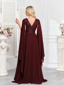 CEILIM 奢华花卉串珠亮片长裙，系带腰身，鱼尾裙摆，优雅正式的派对礼服，适合婚礼宾客、毕业典礼及其他正式场合，春季必备。 - 酒紅色 - 查看 3