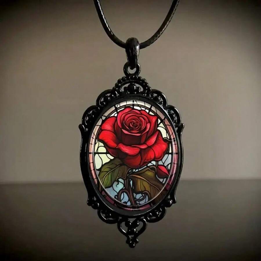 Gorgeous Charming Oval Glass Pendant Necklace - Red Roses In Vintage Black Frame - Black - View 1