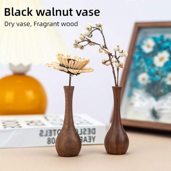 Jarrón de madera de nogal negro SilvaLex, jarrón creativo, decoración de escritorio minimalista de estilo chino, jarrón para flores secas de mesa de comedor