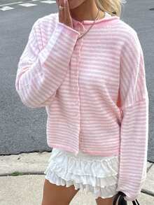 Womens Striped Cardigan Sweater Casual Crew Neck Open Front Button Down Long Sleeve Knit Sweaters Fall Outerwear - Pink - View 1