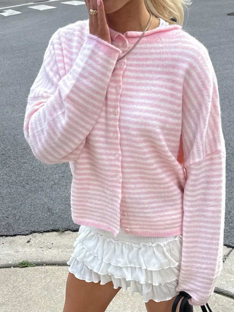 Womens Striped Cardigan Sweater Casual Crew Neck Open Front Button Down Long Sleeve Knit Sweaters Fall Outerwear - Pink - View 1