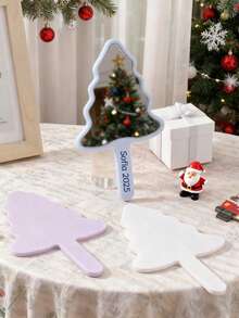 Customized Christmas Tree Shaped Handheld Makeup Mirror, Personalized Christmas Tree Shaped Mirror, Plastic Handled Makeup Mirror, Solid Color Portable Small Mirror With Hole, Christmas Style Single-Sided Mirror, Gift For Friends And Classmates