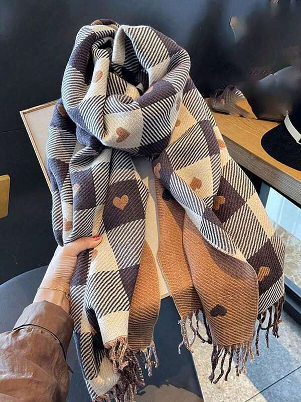Bufanda de mujer con borla en forma de cola de perro gruesa - Gris suave, cálida y a prueba de viento para el invierno, de estilo casual y de unicolor para uso diario, accesorio universitario, de tela suave, decorada con bordes con flecos