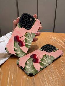 1pc Minimalist Pink Leaf Pattern Vertical Striped High-Quality Faux Leather Shockproof Anti-Fingerprint Phone Case, Suitable As Birthday Or Holiday Gift For Friends, Family, Couples, Compatible With Apple And Models - Multicolor - View 3