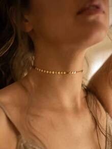 1pc Fashionable Minimalist Stainless Steel Round Plate Pendant Chain Necklace For Women's Everyday Wear - 黃金 - 查看 1