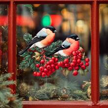 Weihnachts-Spatz-Fenster-Statik-Aufkleber - Abnehmbare, nicht-klebende PVC-Aufkleber mit rotem Vogel und Stechpalmen-, Beerenzweig-Mustern, festliche Fensteraufkleber für Zuhause & Büro, Festivalparty-Dekoration, wiederverwendbare Weihnachtsdekoration, Weihnachtsgeschenke
