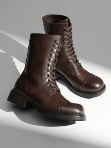 DREAM PAIRS Women's Mid-Calf Boots Fashion Motorcycle Boots Square Toe Lace-Up Riding Chocolate Brown Boots - 巧克力棕 - 查看 3