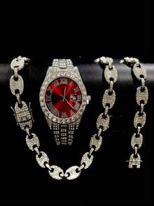 Luxury Alloy Men's Quartz Watch With Rhinestone & Crystal Inlaid, Date Display, Paired With Hip Hop Cuban Link Necklace And Bracelet Set - Necklace Set - View 5