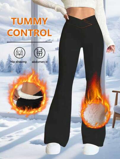 1 pieza Pantalones acampanados de cintura alta, Leggings deportivos casuales de invierno para mujer, Diseño de cintura cruzada, Pantalones ajustados de moda retro cálidos y cómodos, Pantalones básicos ajustados con forro polar grueso, Adecuados para ropa deportiva al aire libre, Cintura elástica gruesa de alta elasticidad