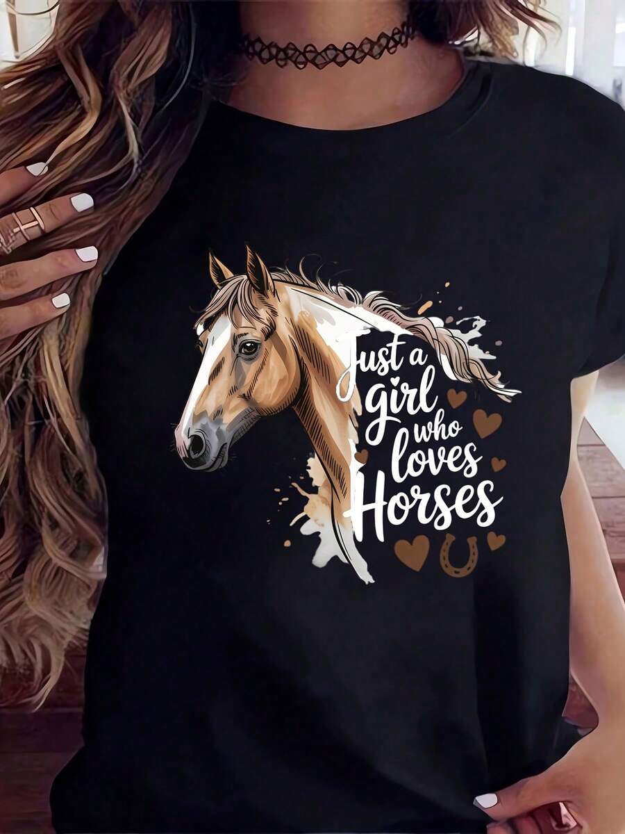 Just A Girl Who Loves Horses T-Shirt - Horse Lover Graphic Tee For Women, Cute Animal Print Top, Perfect Gift For Equestrian Enthusiasts, Casual Summer Shirt, Birthday Or Valentine's Day Present,220g - màu đen - Xem 1