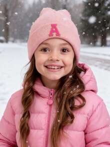 1 件儿童针织帽，26 个字母图案，纯色针织帽，女童儿童帽，户外保暖帽，秋冬 - 粉色 - 查看 3