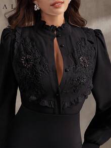 Aliao Elegant 3D Floral Embroidery Lace Ruffle Collar Blouse, Suitable For Holiday Outings, Wedding Season, Valentine's Day, Bohemian Style, Business Casual Women's , Button-Up Shirt, New Year