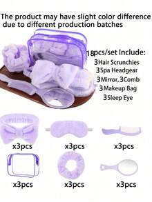 18pcs/6pcs Women's Spa Sleepover Party Supplies Set, Including 1pc Spa Headpiece, 1pc Sleep Eye Mask, 1pc Velvet Hair Band, 1pc Mirror, 1pc Comb And 1pc Transparent Makeup Bag, For Spa Parties, Sleepover Parties, Pajama Parties And Bachelorette Parties