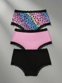 3件装性感可爱粉色、紫红色、心形和豹纹蕾丝花边女士舒适内裤 - 彩色 - 查看 2