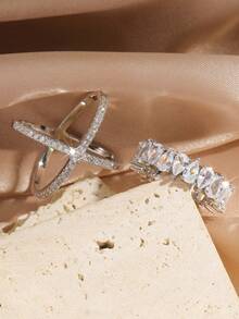 rakol 2 Stücke einfacher Silber-farbener Kubikzirkonia-verzierter Frauen-Ringe Set