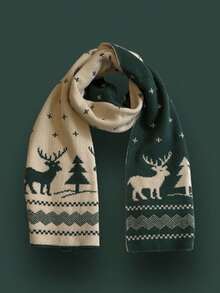 1pc New Christmas Reindeer Pattern Scarf For Women, Versatile Autumn/Winter Mid-Length Warm Cute Gift, Double-Sided High-Quality Thick Knitted Plaid Scarf - Multicolor - View 5