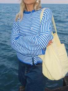 Womens Striped Cardigan Sweater Casual Crew Neck Open Front Button Down Long Sleeve Knit Sweaters Fall Outerwear - 藍色 - 查看 1