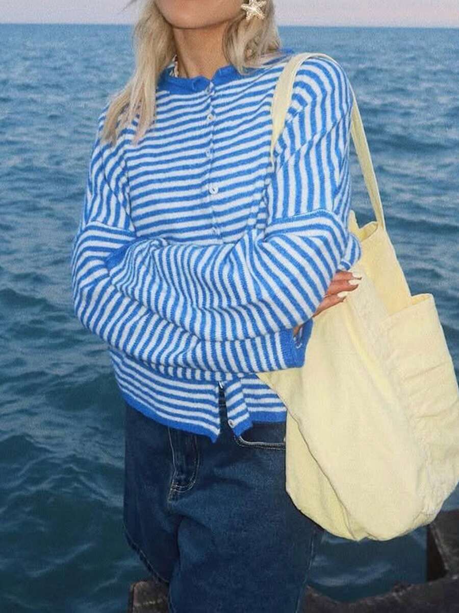 Womens Striped Cardigan Sweater Casual Crew Neck Open Front Button Down Long Sleeve Knit Sweaters Fall Outerwear - 藍色 - 查看 1