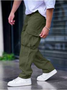 1pc Men Solid Color Multi-Pocket Casual Cargo Pants, Summer Beach Vacation Pants, Loose Fit Sportswear For Outdoor, Running, Hiking, Fitness, Loose Straight Leg Casual Pants For Daily Wear, Summer Street Fashion, Fall - xanh quân đội - Xem 1