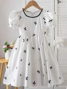 Tween Girl Bow Graphic Print Round Neck Short Sleeve Dress - White - View 1