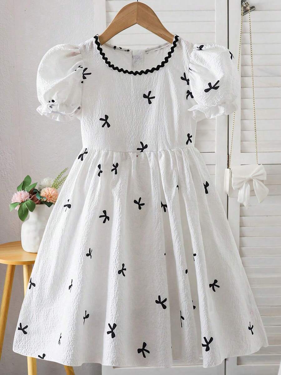 Tween Girl Bow Graphic Print Round Neck Short Sleeve Dress - White - View 1