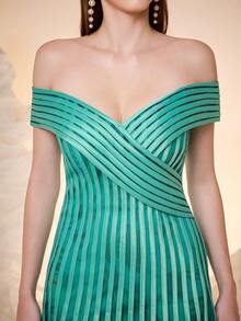 Mgiacy,New Arrival,One-Shoulder, Halter Top, Printed Mesh, Pull TAB, Big Swing, High-End, Evening Dress - Teal Blue - View 6