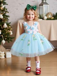 Baby Girls V-Neck 3D Floral Embroidered Mesh Princess Dress, Suitable For Birthday Party, Flower Girl, Wedding, Without Headband