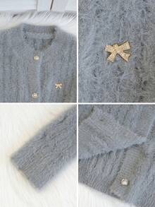 女士时尚短款保暖蝴蝶结多功能圆领长袖毛衣开衫针织外套秋冬街头潮流 - 灰色 - 查看 8