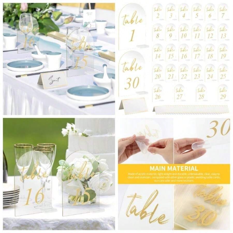 30 juegos de nmeros de mesa de boda con soportes impresos en oro de 1 a 30 carteles de mesa, soporte de exhibicin de acrlico transparente para bodas, recepcin, fiestas, centros de mesa 4x 6 - por defecto - Ver 1