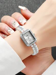 2件套女士礼品珍珠手表，方形表盘镶钻，时尚休闲珍珠水钻石英手链手表组合（不含手表） - 彩色 - 查看 3