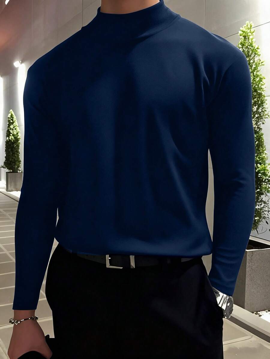 Kaos Pria Lengan Panjang Kerah Bulat Minimalis Warna Polos, Pakaian Kasual Sehari-hari - Navy Blue - View 1