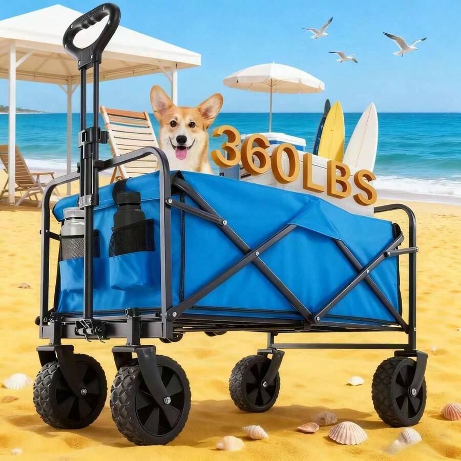 Portable 30" Collapsible Wagon Cart, Heavy Duty Folding Utility Wagon With 360lbs Load, All-Terrain Wheels For Camping, Beach, Garden & Grocery Shopping - 黑色 - 查看 1