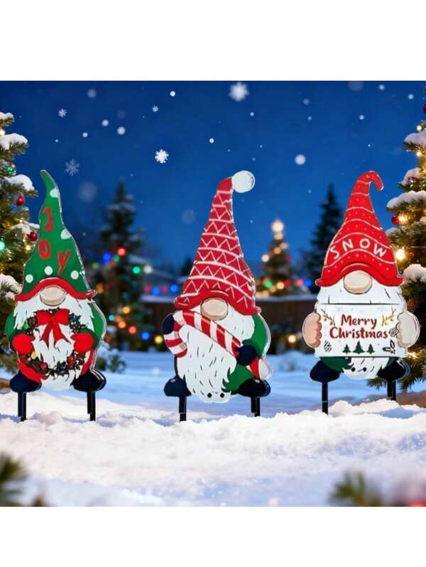 3pcs Christmas Gnome Acrylic 2D Flat Garden Stakes - Outdoor Santa Claus Yard Decor, Holiday Ground , Add Festive Cheer, Battery-Free