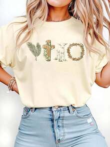 Women's Easter T-Shirt, Cartoon Lamb Print Round Neck T-Shirt, Suitable For Spring And Summer, Women's Clothing - 杏色 - 查看 4