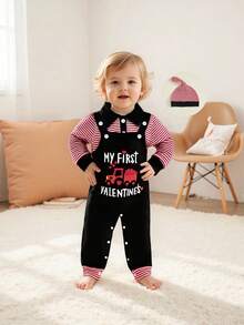 Conjunto de 3 piezas para bebé niño con motivo de San Valentín: mono con solapa a rayas, mono con bordado de letras y gorro. Ropa bonita para festivales, mezcla de algodón suave, de 0 a 12 meses, ideal para sesiones de fotos de San Valentín y reuniones familiares. - Negro - Ver 4