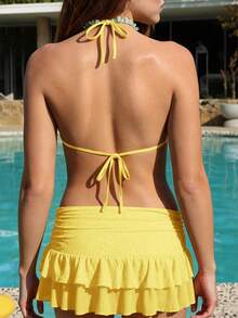Swim Mod Atasan Bikini Halter Berkerut Warna Polos untuk Liburan Musim Panas Wanita di Pantai - Kuning - View 5